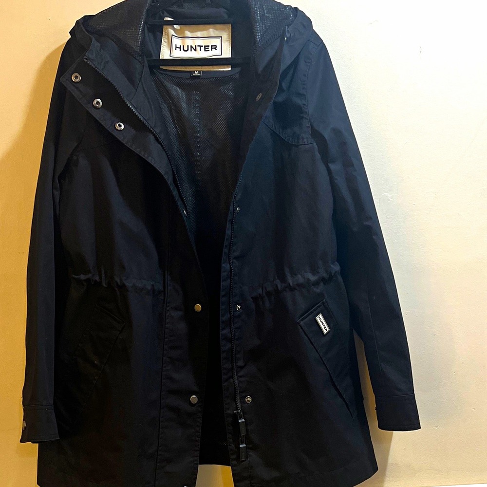 Hunter Women's Black Hooded Rain Coat Jacket Full Zip Snap Stand-Up Collar M